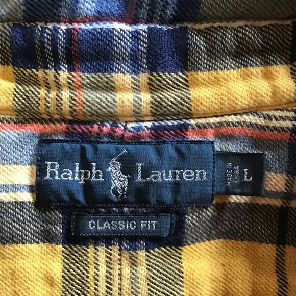 RALPH LAUREN Men’s Yellow, Blue and Red Plaid Flannel Classic Fit Shirt – L - Picture 11 of 12